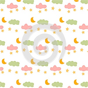 Kids seamless pattern with moon, stars, cloud .