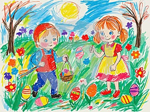 kids search for easter eggs in spring garden childish crayon drawing hand drawn illustration style
