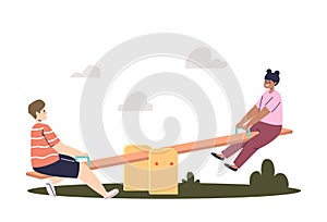 Kids on seesaw. Cute boy and girl on playground having fun together in seesaw