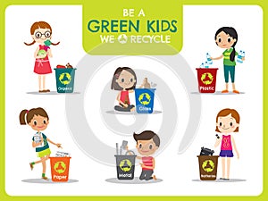 Kids segregating trash recycling concept illustration