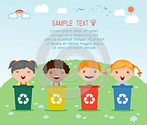 Kids Segregating Trash, recycling trash, Save the World , Vector Illustration.