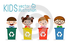 Kids Segregating Trash, recycling trash, Save the World , Vector Illustration.