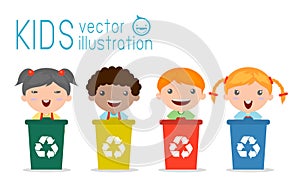 Kids Segregating Trash, recycling trash, Save the World , Vector Illustration.