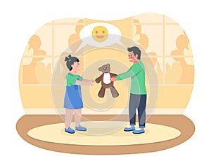 Kids sharing toy 2D vector isolated illustration