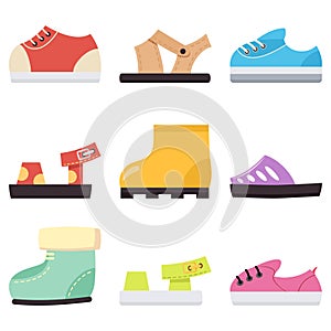 Kids shoes for baby boy and girls vector cartoon flat icon set