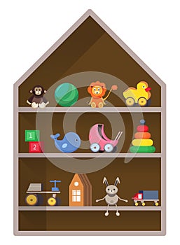 Kids shop, shelf with toys. Colorful childish illustration.