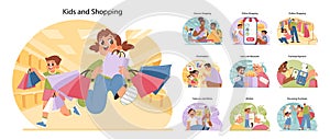 Kids and shopping set. Flat vector illustration