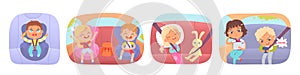 Kids sit in carseats set, child enjoying car ride, happy boy and girl looking at phone