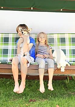 Kids sitting on a garden swing with dogs