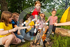 Kids sitting near bonfire with marshmallow
