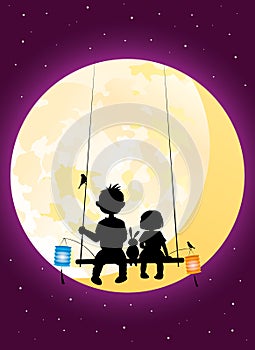 Kids sitting under moonlight vector illustration