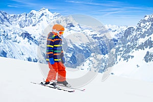 Kids ski. Winter family snow sport. Child skiing