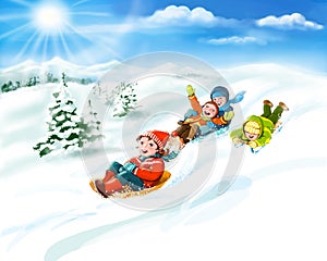 Kids with sledges, snow - happy winter vacation