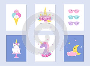 Kids Slumber and Summer Party Invites. Unicorns and Moon. Vector Design