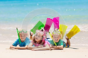 Kids snorkel. Children snorkeling in tropical sea