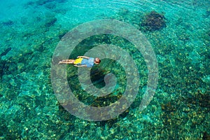 Kids snorkel. Children snorkeling in tropical sea