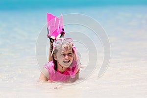 Kids snorkel. Children snorkeling in tropical sea