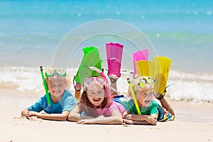 Kids snorkel. Children snorkeling in tropical sea