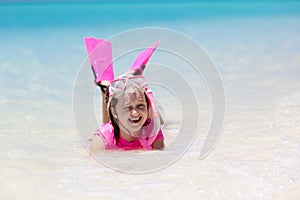 Kids snorkel. Children snorkeling in tropical sea