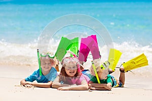 Kids snorkel. Children snorkeling in tropical sea