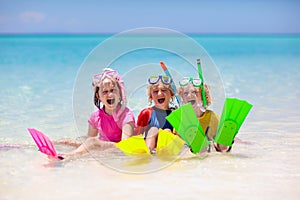 Kids snorkel. Children snorkeling in tropical sea