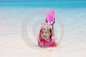 Kids snorkel. Children snorkeling in tropical sea