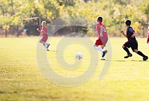 Kids soccer football - children players match on soccer field