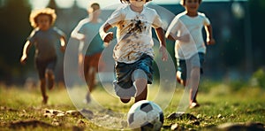 Kids soccer football - young children players match on soccer field