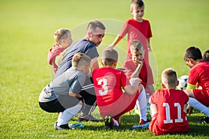 Kids soccer waiting in out with coach