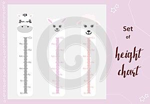 Kids space height chart. Cute wall meter with funny animals. Vector template. Cartoon zoo. Design of children`s products