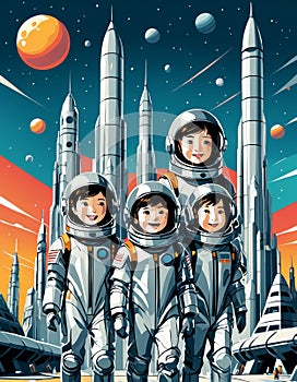 Kids in Spacesuits Exploring Futuristic Spaceport photo