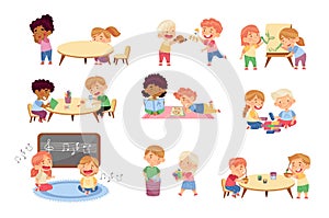 Kids Spending Time Together Playing Toys and Game in Kindergarden Vector Set