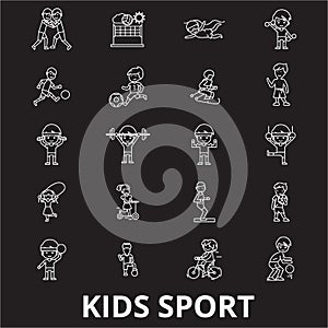 Kids sport editable line icons vector set on black background. Kids sport white outline illustrations, signs, symbols