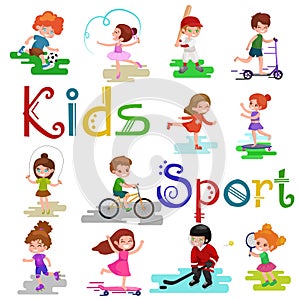 Kids sport, isolated boy and girl playing active games vector