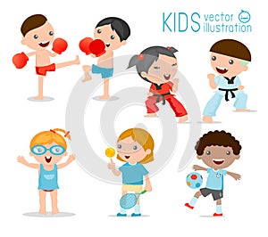 Kids and sport, Kids playing various sports on white background , Cartoon kids sports, boxing, football, tennis, Taekwondo, karate