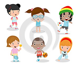 Kids and sport, Kids playing various sports on white background , Cartoon kids sports,running, football, tennis, Taekwondo, karate