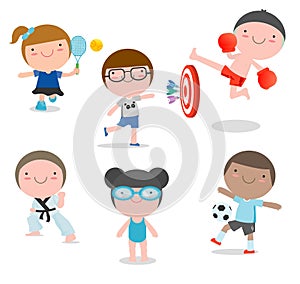 Kids and sport, Kids playing various sports on white background,swimming, boxing, football, tennis, karate, Darts, Vector