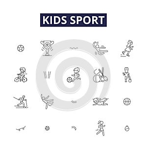 Kids sport line vector icons and signs. sports, games, running, jumping, cycling, swimming, skiing, soccer outline