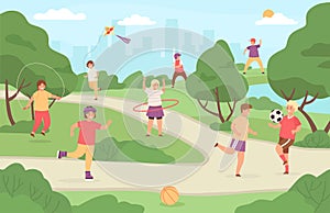 Kids sport outdoor. Children play in park playground. Girl with kite, boy playing football and baseball. Flat summer