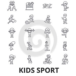 Kids sport, play, children sports, football, basketball, running, jumping, team line icons. Editable strokes. Flat