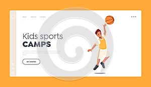 Kids Sports Camps Landing Page Template. Kid Playing Basketball, Boy Sports Training. Happy Little Child Workout