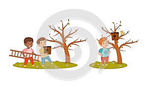 Kids spring activities set. Boys hanging birdhouses on trees cartoon vector illustration
