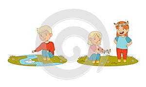 Kids spring activities set. Cute children playing with paper boats and twisting flower wreath cartoon vector