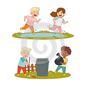 Kids spring activities set. Cute children in rubber boots jumping in puddles and cleaning up city park cartoon vector