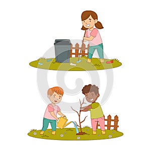 Kids spring activities set. Cute children working in garden. Boy and girl planting tree and raking leaves cartoon vector
