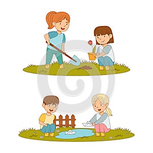 Kids spring activities set. Cute children working in garden. Boys and girls planting flowers and playing with paper boat