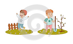 Kids spring activities set. Cute children working in garden. Boys planting sapling and having fun outdoors cartoon
