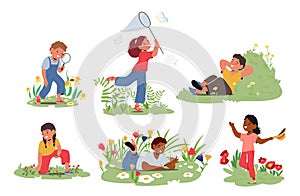 Kids Springtime Activities. Children Picking Wild Berries, Catching Butterflies, Nature Walks, Learning Bugs On Meadow