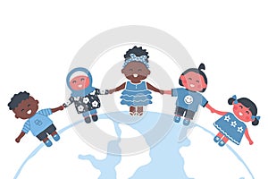 Kids stand on the globe. Multicultural group of children holding hands. Happy baby girls and baby boys