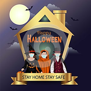 Kids stay home on Halloween trick or treat. Halloween costumes with wearing face mask. Child costume. vector illustration. covid